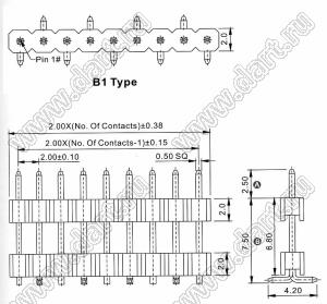 2210SMDI-11G-B1-2575 вилка открытая прямая однорядная приподнятая на плату для поверхностного (SMD) монтажа; шаг 2,00 x 2,00 мм; (1x11) конт.