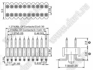 2206PB-04G-SM-PG вилка открытая прямая двухрядная с направляющими на плату для поверхностного (SMD) монтажа, шаг 1,27x2,54мм, 2x2конт.