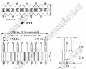 2206PA-45G-SM-B1-2833-CP вилка открытая прямая однорядная на плату для поверхностного (SMD) монтажа с захватом; шаг 1,27 x 2,54 мм; (1x45) конт.