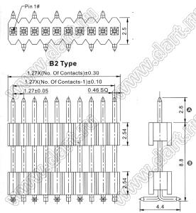 2206PADI-27G-SM-B2-2888 вилка открытая прямая однорядная приподнятая на плату для поверхностного (SMD) монтажа; 27-конт.; P=1,27x2,54мм