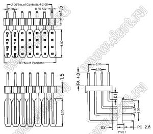 BL1315-24156R1 штыри четырехрядные угловые с двойным изолятором угловые, тип R1; 156-конт.