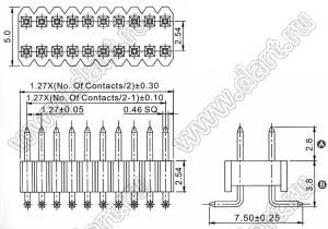 2206PB-36G-SM вилка открытая прямая двухрядная на плату для поверхностного (SMD) монтажа, шаг 1,27x2,54мм, 2x18конт.