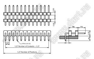 BL1420-2142R штыри однорядные с двойным изолятором угловые, шаг 1,27 мм, H=2,0 мм; 42-конт.