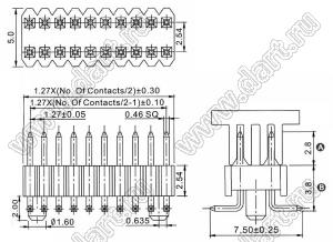 2206PB-054G-SM-2838-CG вилка открытая прямая двухрядная с направляющими на плату для поверхностного (SMD) монтажа с захватом; шаг 1,27 x 2,54 мм; (2x27) конт.