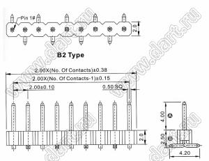 2210SM-20G-B2 вилка открытая прямая однорядная на плату для поверхностного (SMD) монтажа, шаг 2,00 мм, 20 конт.