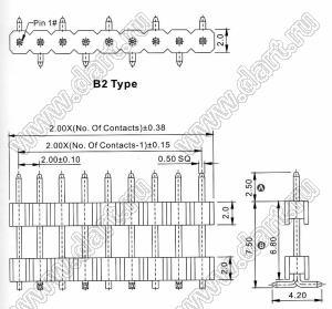 2210SMDI-05G-B2-2575 вилка открытая прямая однорядная приподнятая на плату для поверхностного (SMD) монтажа; шаг 2,00 x 2,00 мм; (1x5) конт.