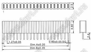 2206SA-39G-46 (PBS1.27-39, DS1065-01-1x39) гнездо однорядное прямое; P=1,27мм; H=4,6мм; 39-конт.