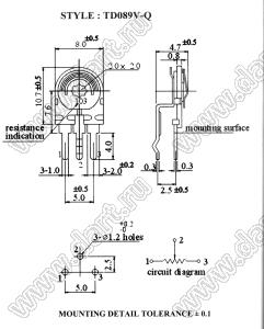 TD089V-Q-501 углеродный подстроечный потенциометр; R=500(Ом)