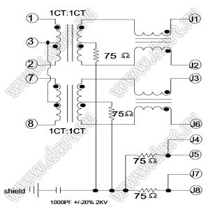 BS-RB10005 (HR933123HE) разъем RJ-45 с фильтром и светодиодами