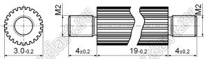 PCRNN2-3.0-19N стойка цилиндрическая с накаткой и внешними резьбами; резьба М2x0,4; латунь; L=19мм