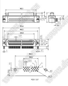 HDR-50F (MDR-50F, 787082-5) гнездо на плату, угловое; 50 (конт.)