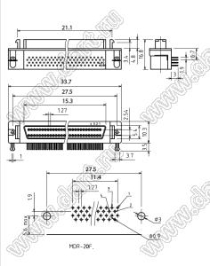 HDR-26F (MDR-26F) гнездо на плату, угловое; 26 (конт.)