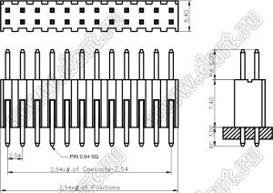 2215S-28G-1800 (2x14) вилка открытая прямая с увеличенным изолятором двухрядная на плату для монтажа в отверстия, шаг 2,54 x 2,54 мм, 2х14 конт.