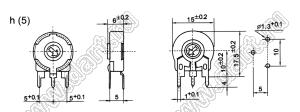 PT15-Y-H05-502 потенциометр углеродный; горизонтальная регулировка; R=5(Ом); вертикальное крепление