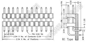 BL1225-2223R1 штыри двухрядные угловые с двойным изолятором, тип R1; шаг 2.54мм; H=2.5мм; 2x23-конт.