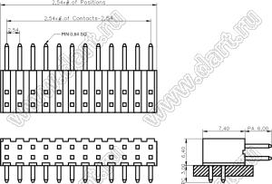 2215R-18G-383970 (2x9) вилка открытая угловая с увеличенным изолятором двухрядная на плату для монтажа в отверстия, шаг 2,54 x 2,54 мм, 2х9 конт.