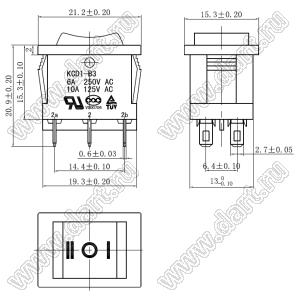 KCD1-C1-203O51BB переключатель клавишный ON-OFF-ON; 21,2х15,3мм; 6A 250VAC/10A 125VAC; толкатель черный/корпус черный; без подсветки;  маркировка "I O II"; терминалы 2,8x0,6мм