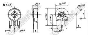 PT15-C-H25-201 потенциометр углеродный; горизонтальная регулировка; R=200(Ом); вертикальное крепление