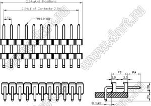 BL1225-2125R1 штыри однорядные угловые с двойным изолятором, тип R1; шаг 2.54мм; H=2.5мм; 25-конт.