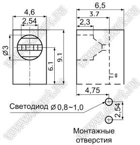 LED-1F держатель 3мм светодиода на плату угловой; C=3,0мм; нейлон-66 (UL); черный