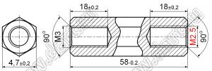 PCHSS-58A стойка шестигранная; с внутренней резьбой М3x0,5/М2,5x0,45; SW=4,7мм; L=58,0мм; латунь