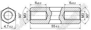 PCHSS-55 стойка шестигранная; М3x0,5; SW=4,8мм; L=55,0мм; латунь