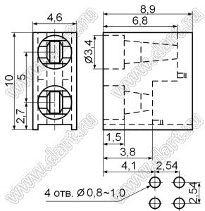 LED-308A держатель двух 3мм светодиодов на плату угловой; нейлон-66 (UL); черный; C=3,4мм