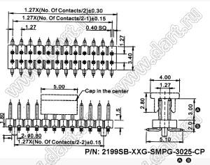 2199SB-020G-SMPG-3025-CP вилка штыревая открытая прямая двухрядная на плату для поверхностного (SMD) монтажа с захватом; шаг 1,27 x 1,27 мм; (2x10) конт.
