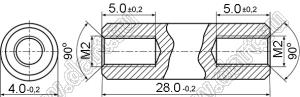 PCSS2-28 стойка резьбовая цилиндрическая; две внутр. резьбы; M2; L=28,0мм; D=4,0мм; латунь