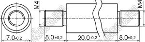 PCNN4-20SN стойка резьбовая цилиндрическая; две наружных резьбы; M4; L=20,0мм; D=7,0мм; сталь никелированная