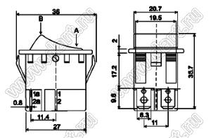 KCD4-JK-201O81CRBNA (R595BRBT2-G) переключатель клавишный ON-OFF; 32,0х25,0мм; 15A/30A 250VAC; толкатель красный/корпус черный; без подсветки;  маркировка - нет; терминалы 6,3x0,8мм