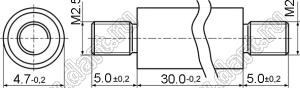 PCNN2.5-30SS стойка резьбовая цилиндрическая; две наружных резьбы; M2,5; L=30,0мм; D=4,7мм; сталь нержавеющая