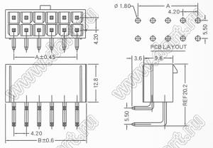 4200WR-2X10P (5569R-20-01, 4200WR-2X10P, MF-20MRA, MF-2x10 MRA Mini-Fit Jr.™ MOLEX 469911020) вилка на плату угловая двухрядная; шаг 4,2мм; 2x10-конт.