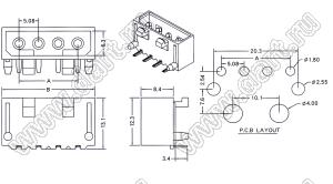 KR5080WR-F-04-1 (8981MR-04, THP-4MR) вилка на плату угловая; шаг 5,08мм; I max=7А; 5,08мм; 4-конт.