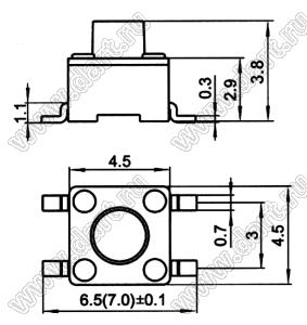 TSTP4538 (TD-10XA) кнопка такпрямая прямая для поверхностного (SMD) монтажа; 4,5х4,5х3,8мм