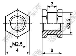 BLHE-025080 (BL-CHS-2.5H) втулка резьбовая закладная шестигранная со сквозным отверстием; M2,5; h=8,0мм; латунь