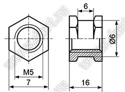 BLHE-050160 втулка резьбовая закладная шестигранная со сквозным отверстием; M5; h=16,0мм; латунь