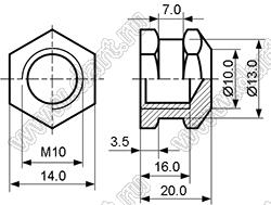 BLHB-100200 втулка резьбовая закладная шестигранная с глухим отверстием; M10; h=20,0мм; n=5мм; d1=13мм; d2=10мм; латунь