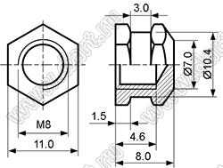 BLHB-080080 втулка резьбовая закладная шестигранная с глухим отверстием; M8; h=8,0мм; n=4,5мм; d1=10,4мм; d2=7мм; латунь