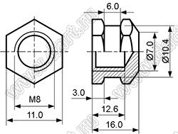 BLHB-080160 втулка резьбовая закладная шестигранная с глухим отверстием; M8; h=16,0мм; n=4,5мм; d1=10,4мм; d2=7мм; латунь