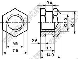 BLHB-050140 втулка резьбовая закладная шестигранная с глухим отверстием; M5; h=14,0мм; n=3мм; d1=6,4мм; d2=5мм; латунь