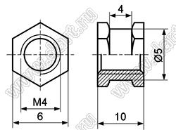 BLHE-040100 (ТУ.122.2009.09-23) втулка резьбовая закладная шестигранная со сквозным отверстием; M4; h=10,0мм; латунь