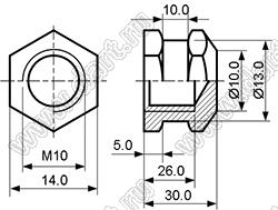 BLHB-100300 втулка резьбовая закладная шестигранная с глухим отверстием; M10; h=30,0мм; n=5мм; d1=13мм; d2=10мм; латунь