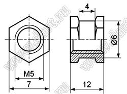 BLHE-050120 втулка резьбовая закладная шестигранная со сквозным отверстием; M5; h=12,0мм; латунь