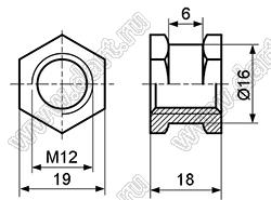 BLHE-120180 втулка резьбовая закладная шестигранная со сквозным отверстием; M12; h=18,0мм; латунь