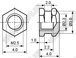 BLHB-025040 втулка резьбовая закладная шестигранная с глухим отверстием; M2,5; h=4,0мм; n=1,8мм; d1=3,2мм; d2=2,3мм; латунь