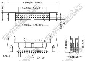 2196SM-40G (SCM1.27-40SMD, 333040MG1CBMA01) разъем IDC для поверхностного (SMD) монтажа с защелками; шаг 1,27x1,27мм; 2x20-конт.