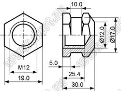 BLHB-120300 втулка резьбовая закладная шестигранная с глухим отверстием; M12; h=30,0мм; n=6мм; d1=17мм; d2=12мм; латунь