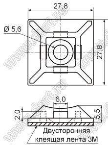 CM-28(3M) площадка самоклеящаяся 27,8x27,8мм с одним отверстием под винт М5 для кабельной стяжки; нейлон-66(UL); натуральный