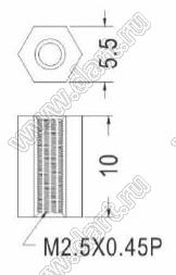 HP2.5-10 cтойка шестигранная с внутренней резьбой М2.5х0,45; L=10,0мм; нейлон-66 (UL); натуральный